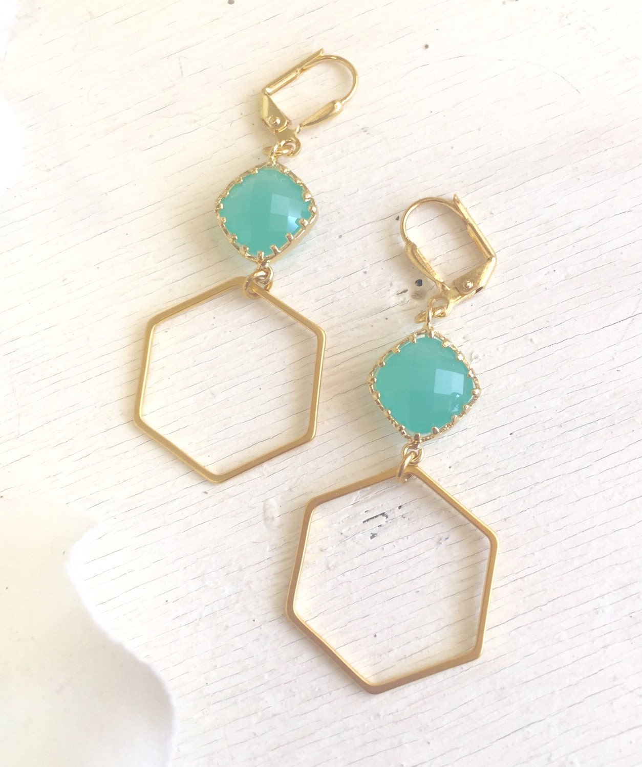Gold Hexagon Earrings with Aqua Stones. Mint Dangle Earrings.