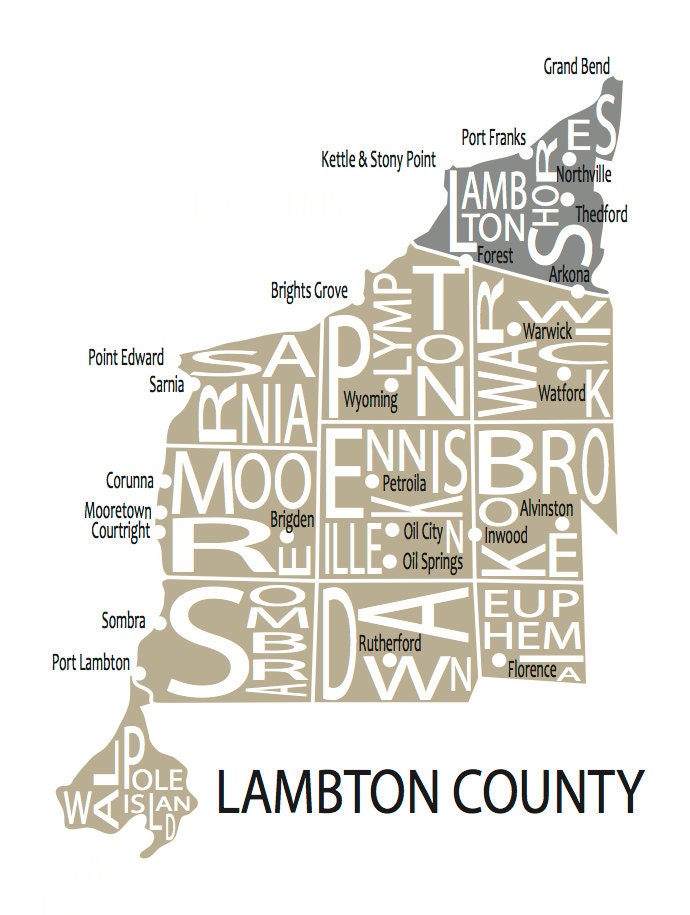 Typographic Map of Lambton County Ontario by AllOverTheMapStudios