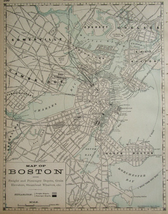 Boston Map 1890 1890s Rand Mcnally Somerville Cambridge 3300