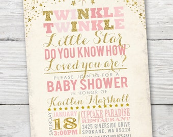 Twinkle Twinkle Little Star Baby Shower Invitation, Twinkle Twinkle Little Star Baby Shower, PRINTABLE Little Star Invitation, pink and gold