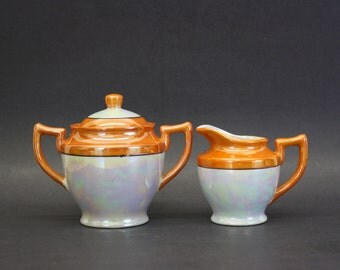 Vintage Orange Lustreware Porcelain Cream & Sugar Set (E7483)