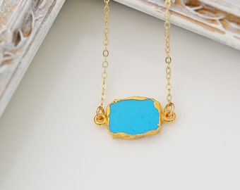 Turquoise Slice Necklace, Bezel Set Turquoise Necklace in Gold, Gold Pendent Necklace, Gold Turquoise Necklace