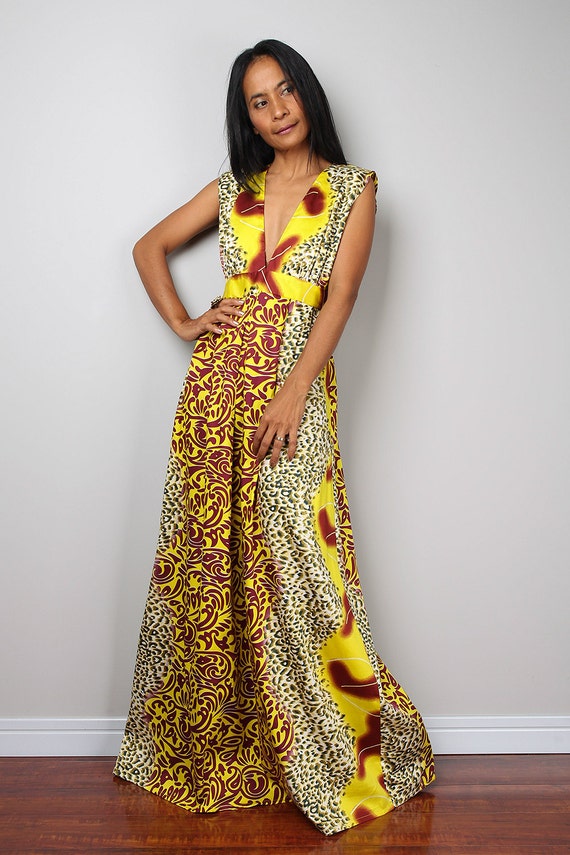 Yellow Boho Dress Sleeveless Summer Dress African Print