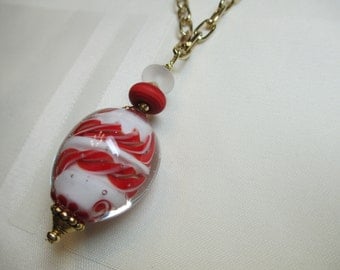 Lampwork Bead Pendant Necklace in Red and White