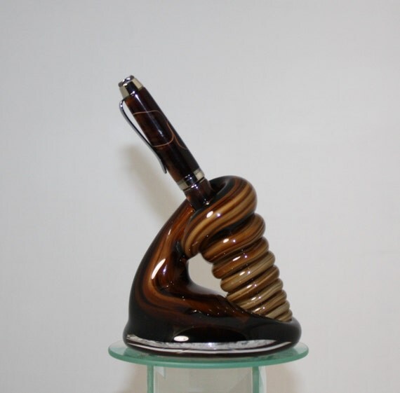 Large Brown Glass Pen Holder & Matching Pen