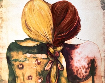 sisters art print auburn and blonde hair