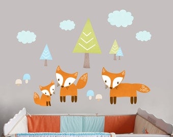 Fox Wall Decal, Peel and Stick Fox Decal, Reusable Fabric Woodland Trails Decals, Forest Tree Cloud Decal, Forest Playroom, Boys Fox Nursery