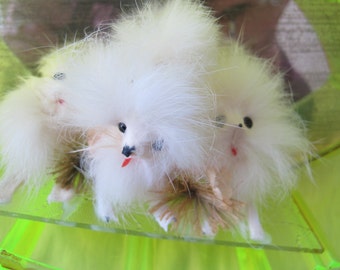 Mid century real fur dogs in display case / White fur dogs in atomic showcase / miniature fur dogs