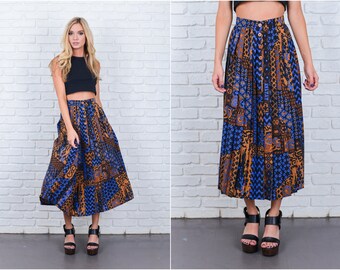 Vintage 80s Blue + Brown Abstract Geo Print Skirt Pleated High Waist Midi XXS 6675