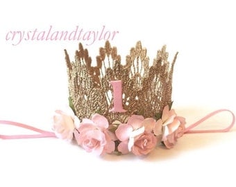 Ready to Ship, Pale Pink Birthday Crown, 1st Birthday Crown, Lace Crown, Gold Crown, Birthday Crown, Baby Girl Crown, Gold Girl Crown