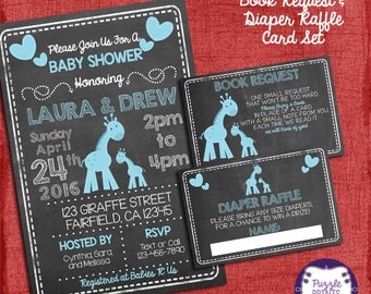 Giraffe Baby Shower Invitation It's A Boy Theme Baby Shower Set -Invite + Diaper Raffle Ticket + Book Request - I design you print