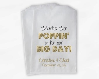 Thanks For Poppin In Popcorn Bags - Black and Gold Custom Candy Buffet Favor Bags for Wedding, Birthday, Shower - Paper Treat Bags (0113)