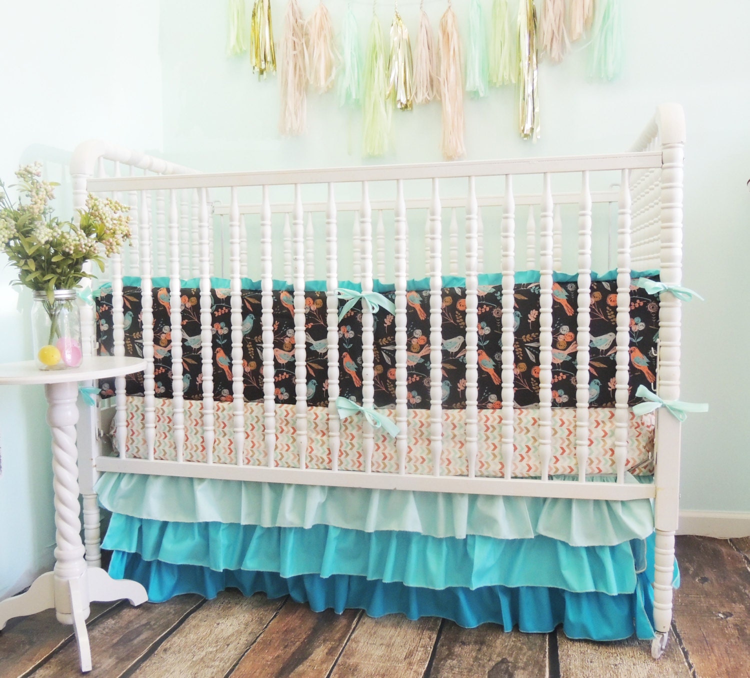 Crib Bedding with Bird Print in Aqua Coral Gray and Gold