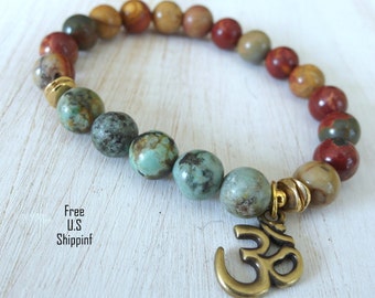 African Turquoise, Picasso jasper, Yoga Bracelet, bracelet, Reiki Charged, wrist mala, Turquoise bracelet, om,