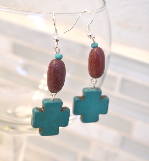 Costa Rican wood and turquoise cross drop earrings by KristaTroy