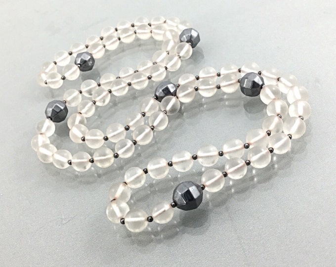 Fine Clear Quartz Necklace with hematite beads, Quality round ice quartz beaded necklace. Fine long vintage stone necklace. Precious stones.