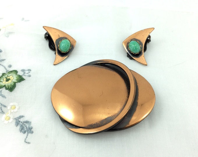Modernist Copper Brooch and Earrings. Matisse Renoir Brooch, Copper and Turquoise Peking Glass Cabichon. Unsigned Designer Jewelry.