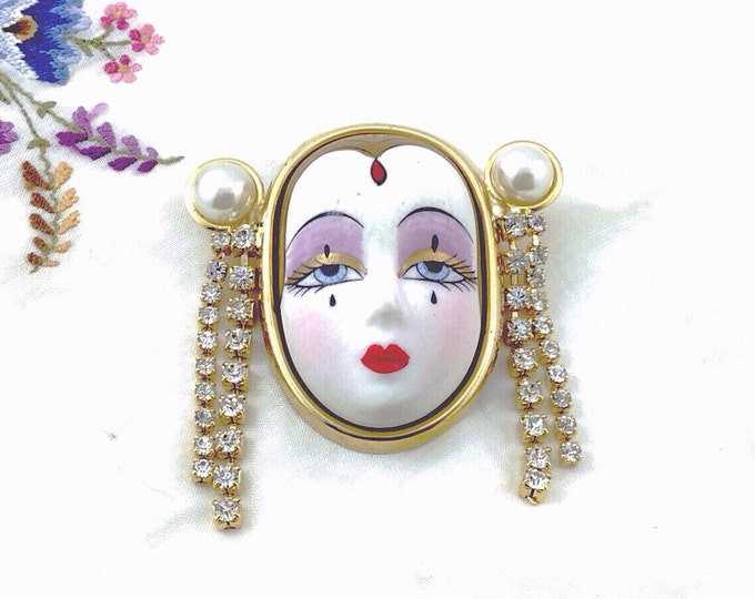 Amazing Vintage Porcelain Face Brooch with rhinestones, Art Form Jewelry. Beautiful Face. Mime. Red Lips. Art Deco Style Face.