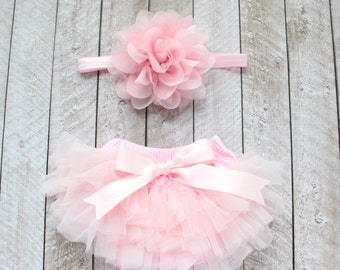 Baby Girl Ruffle Bottom Tutu Bloomer & Headband Set in Light Pink - Newborn Photo Set - Cake Smash - Diaper Cover - Baby Gift - 1st Birthday
