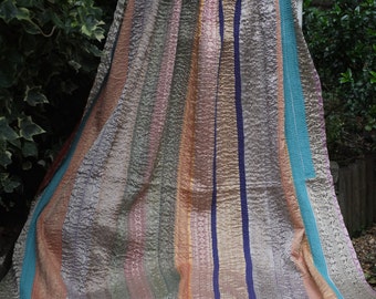 Kantha quilt, light green Kantha, Sari throw, Sari Blanket, Light Green Kantha Blanket, Kantha Throw, Indian Quilt, Coverlet,Brocade Kantha