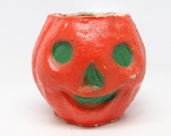 Vintage 1950's Halloween JOL Candy Container, Orange Paper Mache Jack-O-Lantern