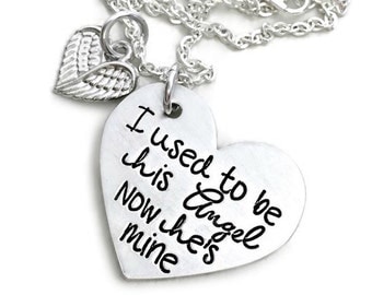 I Used To Be His Angel Now He's Mine Custom Pewter Loss Memorial Remembrance Miscarriage Necklace - Engraved Jewelry