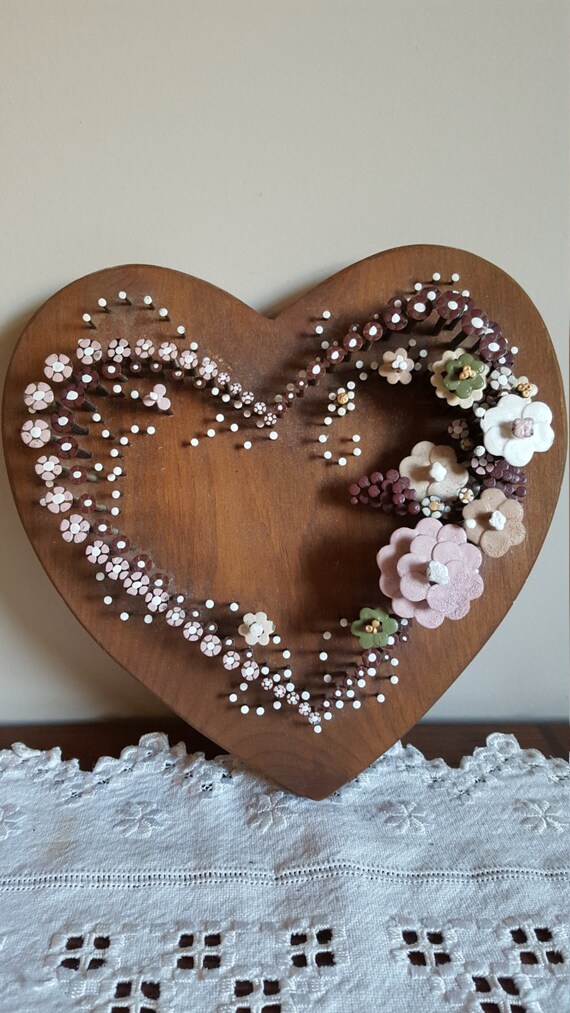 Vintage Nail FlowerArt Heart Wall Decor 1970's Valentines