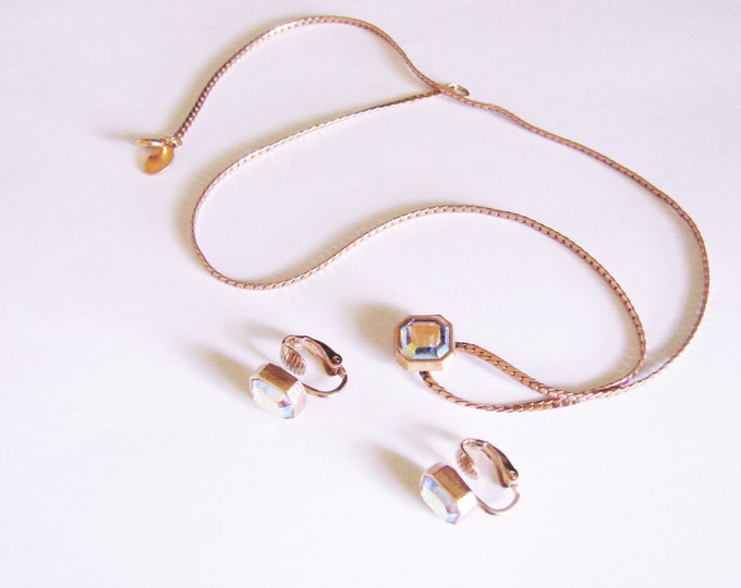Vintage Avon Aurora Borealis Emerald Cut Glass Demi Parure / Necklace / Earrings / Retro Jewelry / Jewellery