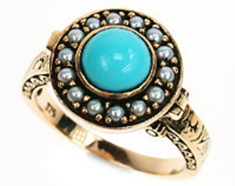 Gold Turquoise Ring with Pearls, 9ct 9k Solid Gold, Vintage Pearl Ring, Secret Note, Antique Womens Ring, Avail 14k 18k Gold, R341