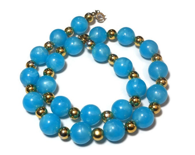 FREE SHIPPING 1950s blue lucite necklace, blue beads with light blue marbling interspersed with smaller gold beads for a lovely retro effect