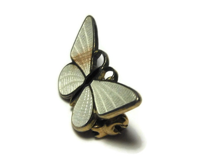 Guilloché butterfly scatter pin, 1950's small white and black enamel guilloché brooch, gold trim