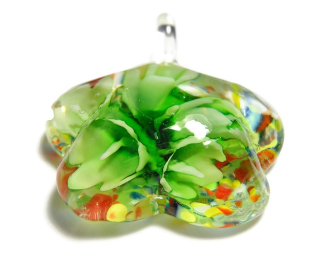 Pendant, lampwork glass, multicolored with copper-colored foil, 45x34mm single-sided domed flower. Sold individually.