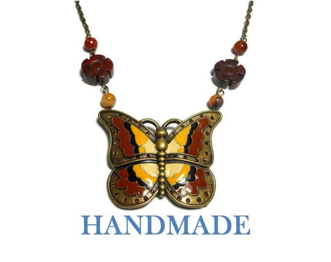 FREE SHIPPING Butterfly necklace handmade, enamel in vintage bronze, semi precious beads of brecciated jasper floral and black red agate