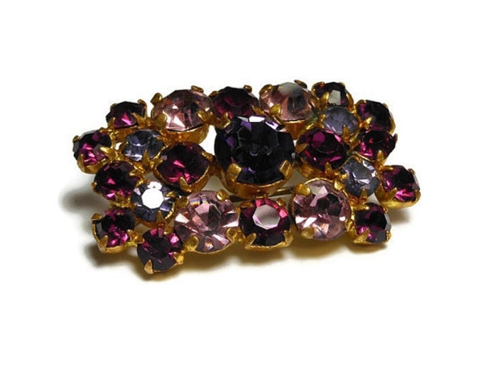 FREE SHIPPING Amethyst rhinestone brooch, 1950s amethyst and lilac colored prong set rhinestone cluster bar pin, brooch, gold plated