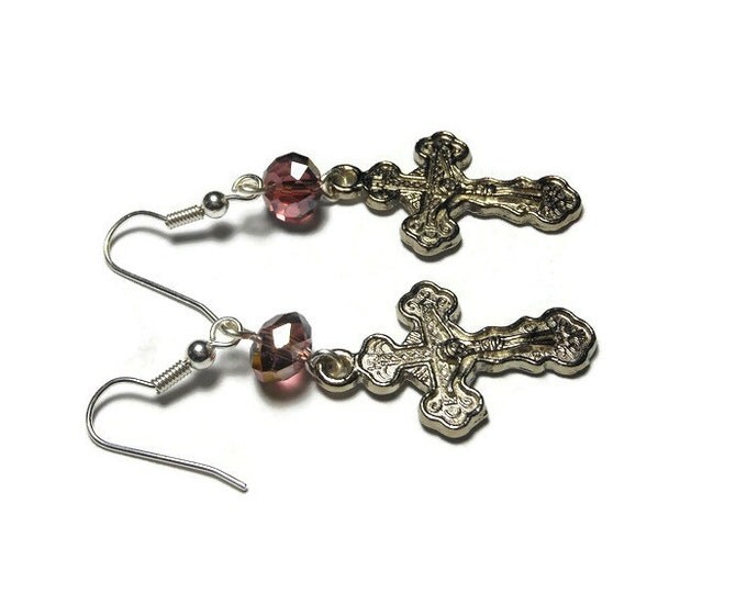 Orthodox Crucifix Earrings, handmade Russian Orthodox silver plated with lilac pink faceted Swarovski crystals cross pierced dangle earrings