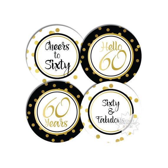 60th Black & Gold Cupcake Toppers-60th Birthday Party Tags