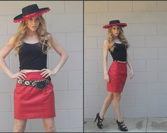 Vintage 80s Red Leather Mini Skirt XS S M Bandage Skirt