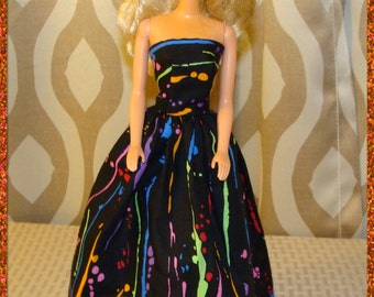 Handmade Barbie Doll Dress - Black cotton print with colorful splashes of color - Barbie Clothes
