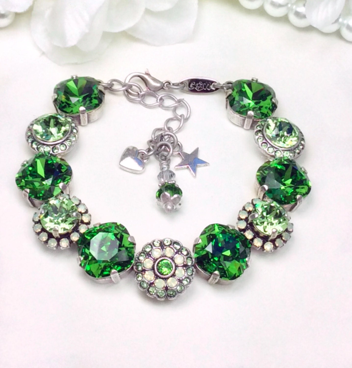 Swarovski Crystal 8.5mm Flower Necklace  & Stunning "Rosetta" Fern Green/Peridot 12MM/ 8.5mm Embellished Wrist Candy Bracelet- FREE SHIPPING