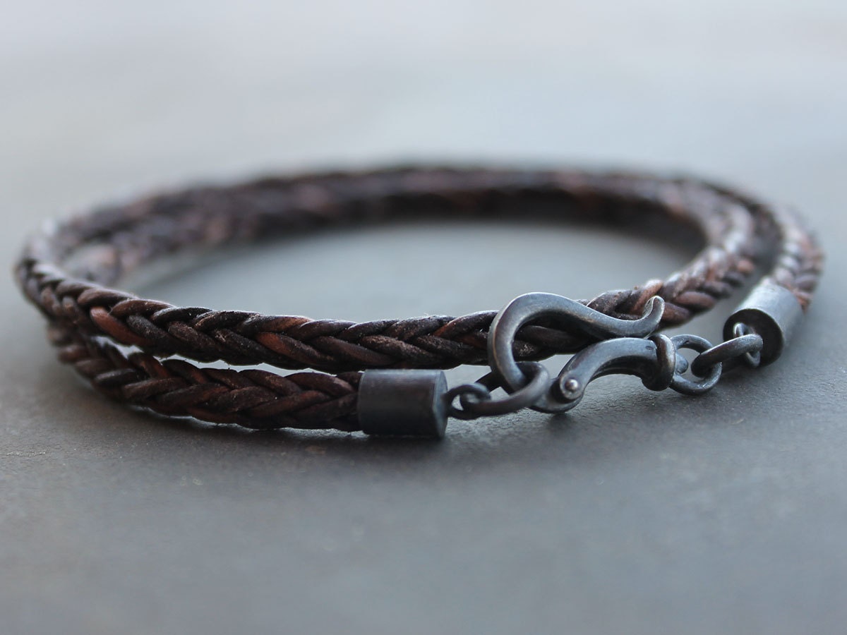 Leather Mens Bracelet with darkened sterling silver clasp