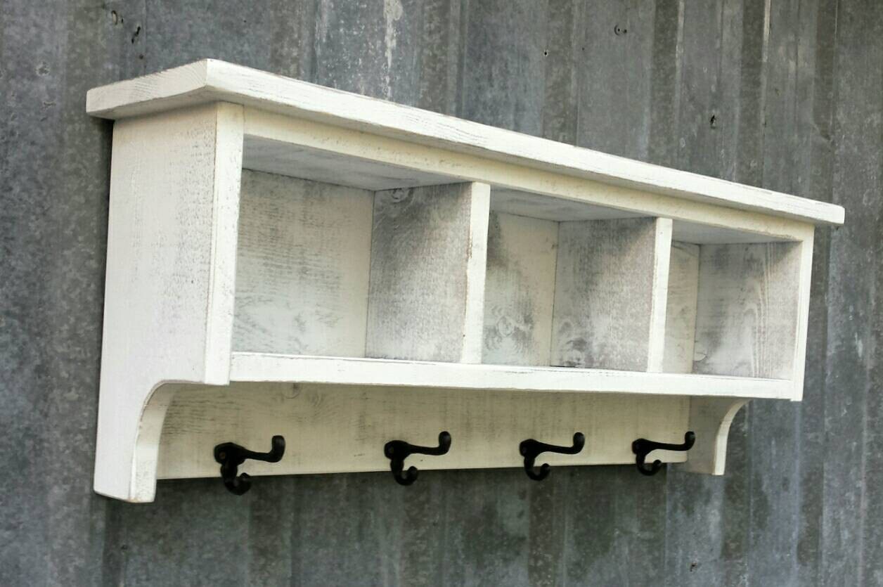 Rustic White Reclaimed Shelf Cubby Coat Rack