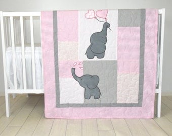 Baby Girl Quilt, Elephant Blanket, Pink Gray Crib Bedding, Safari Nursery