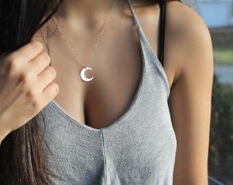 Moon Necklace, celestial crescent rose gold hammered or smooth moon necklace, 14K rose Gold Filled,pink gold layering necklace,long or short