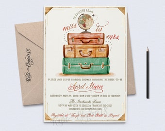 Traveling From Miss To Mrs Bridal Shower Invite/Vintage Bridal Shower Invitations/Gold Foil/Globe Travel Theme Party/ Vintage Travel Shower/