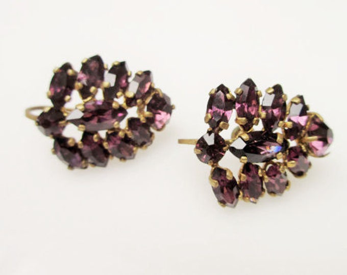 Czech Purple Rhinestone Earrings screw back gold plated mid century