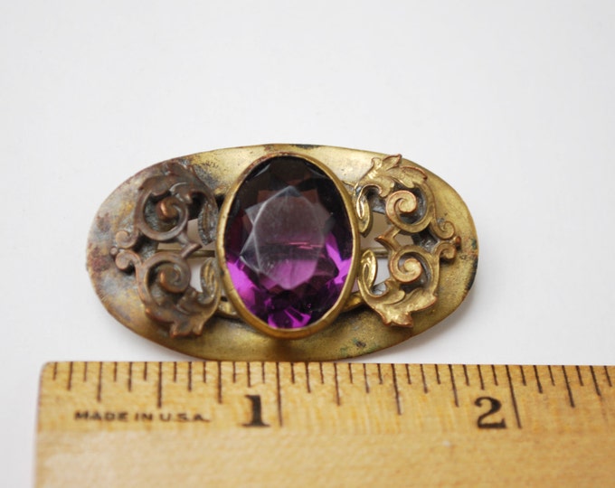 Bar Brooch -Purple Amethyst Glass - Gold filled - c-clasp - filigree leaf design