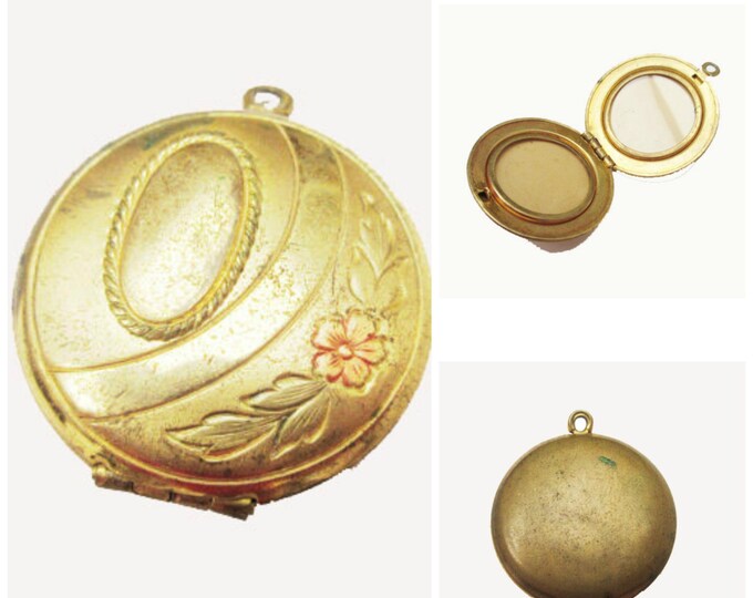 Gold filled Locket Pendant - floral etched design -two photos - Victorian revival pendant