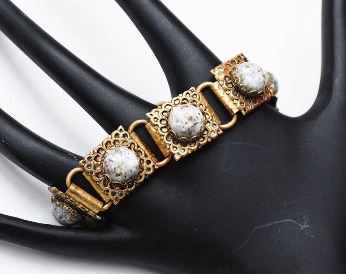 Link bracelet - Victorian Revival Brass book chain - White Cabochon with gold and black confetti