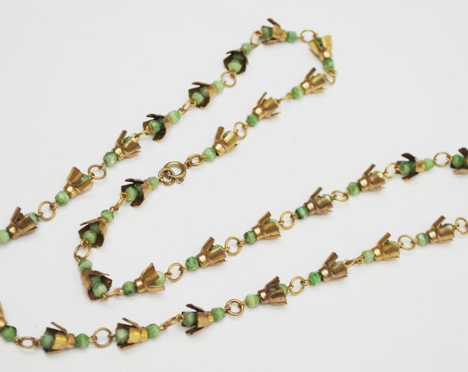 Bead Necklace - Brass Green glass - Art Deco - Boho -Peking Glass beads