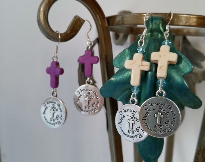 My Redeemer Lives, Job 19 25, Scripture charm earrings, ivory or purple cross, Christian Gift, Bible Study, Religious Gift, God Faith Bible